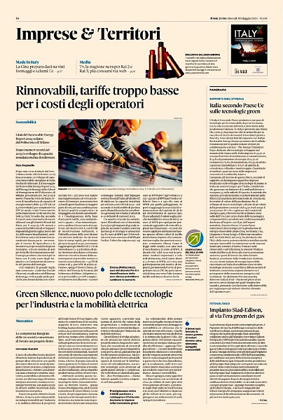 Sole 24 Ore magazine talks about the #GreenSilence group, a new hub for sustainable technologies for industry and electric mobility