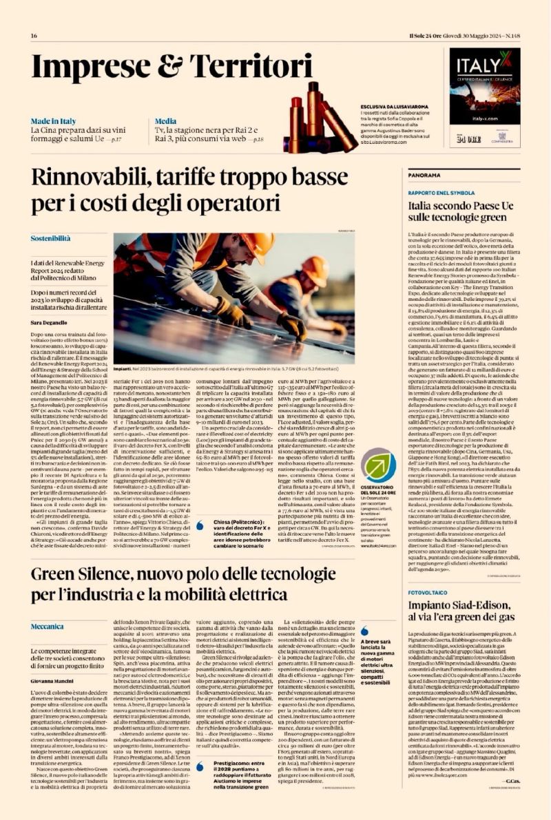 Sole 24 Ore magazine talks about the #GreenSilence group, a new hub for sustainable technologies for industry and electric mobility